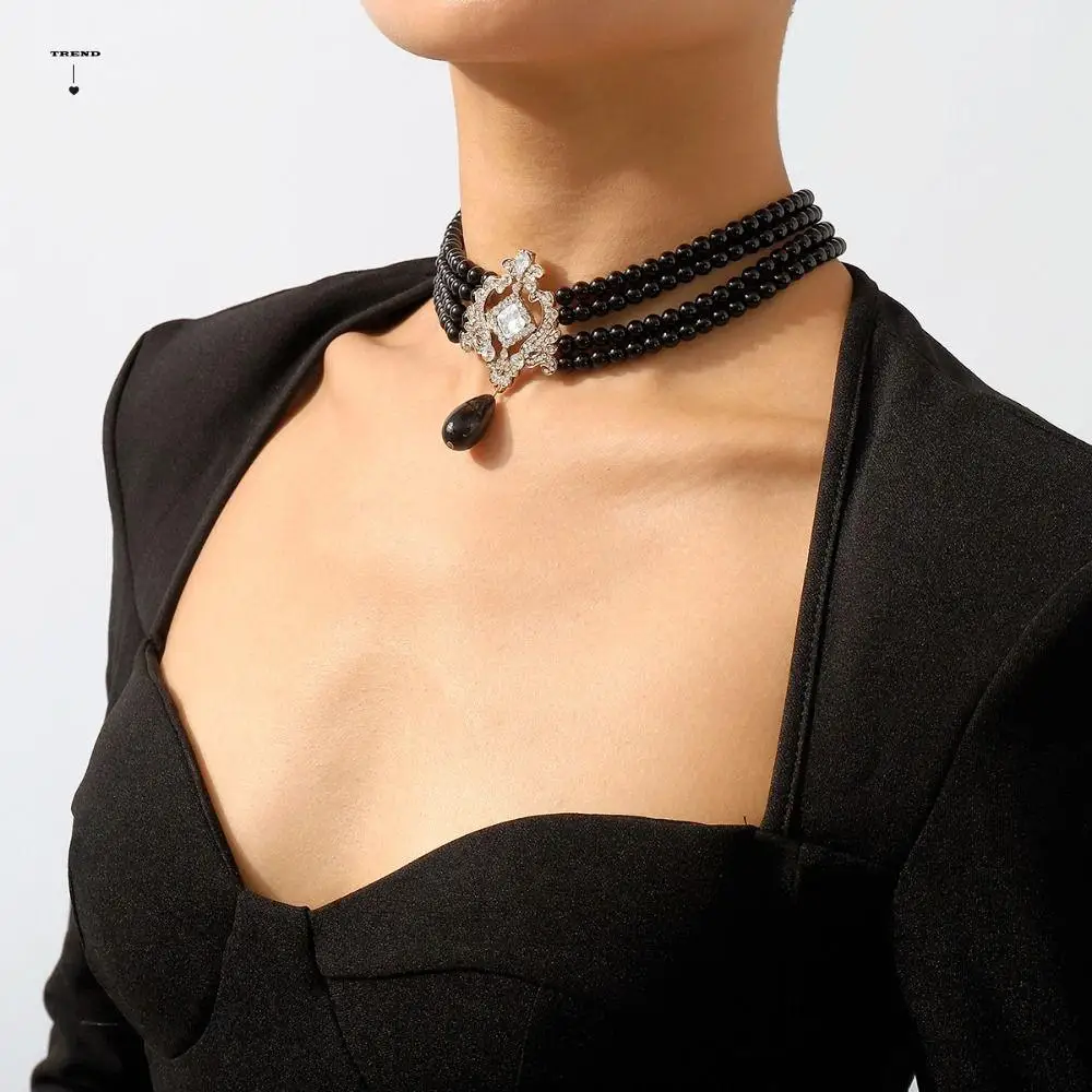 Retro Korean Style Four-layer Necklace Rhinestone Neckchain Pearl Collar Choker Necklace Clavicle Chain Birthday Gift