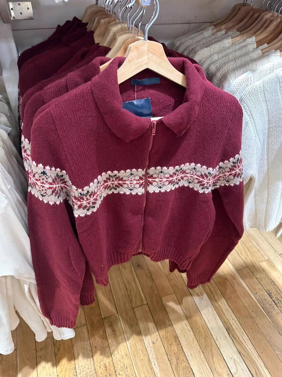 Autumn Snow Jacquard Vintage Sweater Cardigan Woman Turn Down Collar Zipper Long Sleeve Coat Casual Chic Sweet Cotton Sweaters