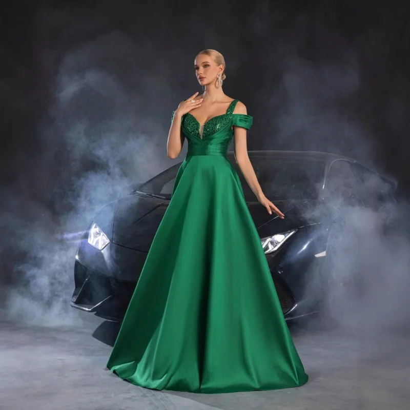 Fashionable evening dress banquet in green color