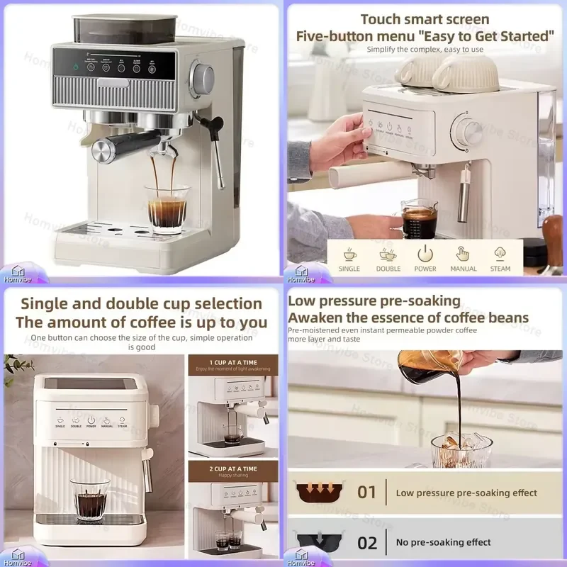 White Espresso with Milk Frother Semi-Automatic Coffee Maker for Home Office Desktop Italian Style Coffee