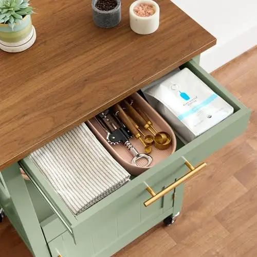 Rolling Kitchen Island Cart, Single Door Cabinet W/Drawer, Sliding Tray, Outlet, Swivel Lockable Wheels, Hooks, Coffee - view 5