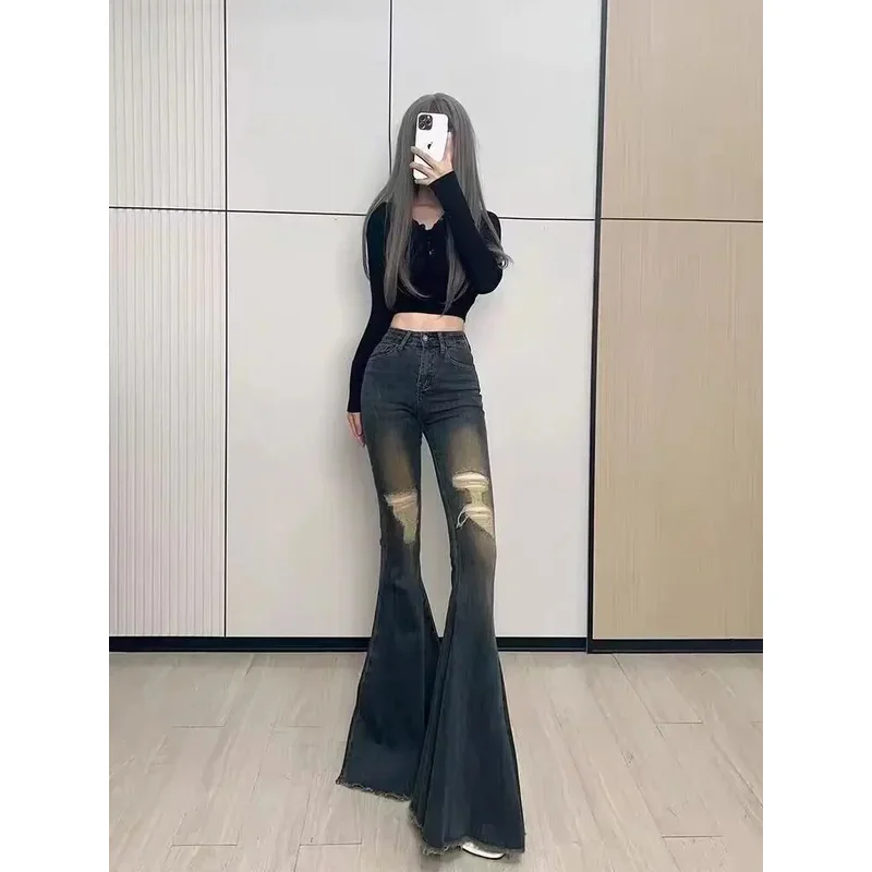 Retro Perforated Large Flare Jeans for Women Autumn New Fashion High Waist Jeans Slim Floor Ragged Edge Wide Leg Pants Women