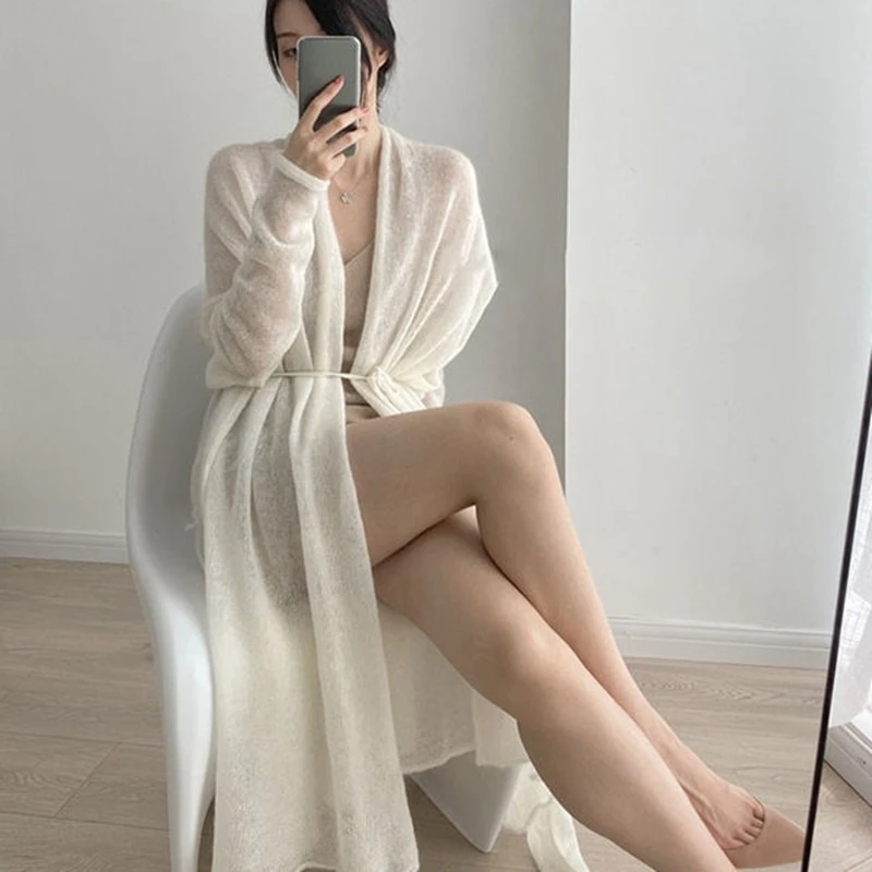 New spring summer Women Cardigan Sweater Casual Loose Knitted Solid Thin transparent Coat long Sleeve white Sunscreen shirt tops