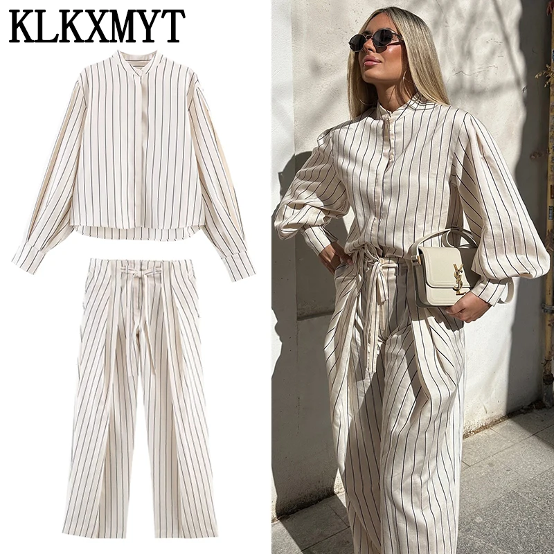 

KLKXMYT Chic Stripe Shirt Sets Women Long Sleeve Tops Pleated Wide Leg Pants Set 2026 New Casual Woman Outfits ﻿