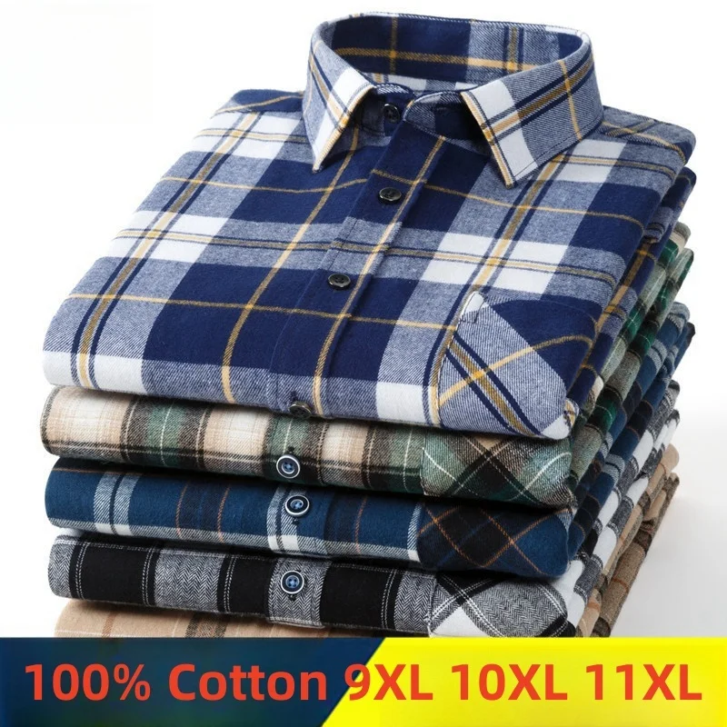 Chemises en flanelle à carreaux pour hommes, manches longues, 100% coton, mode décontractée, douce, coupe Standard, vêtements pour hommes, 10XL 11XL