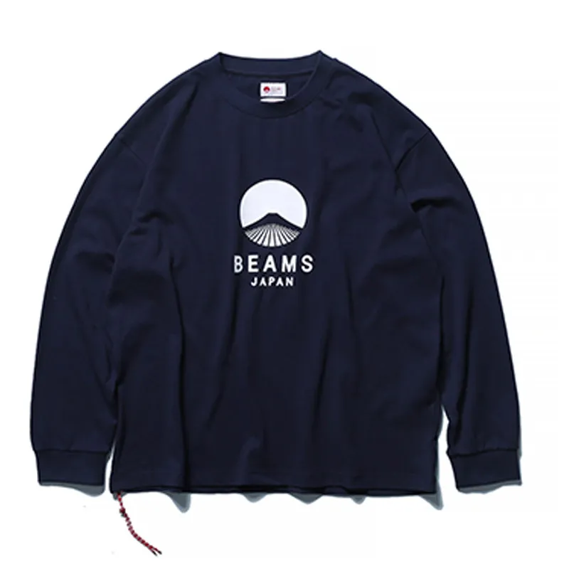 BEAMS JAPAN Men Long Sleeve Top Pure Cotton Japanese Loose Long Sleeve T-Shirt Drawstring Hem for Daily Streetwear Casual Outfit