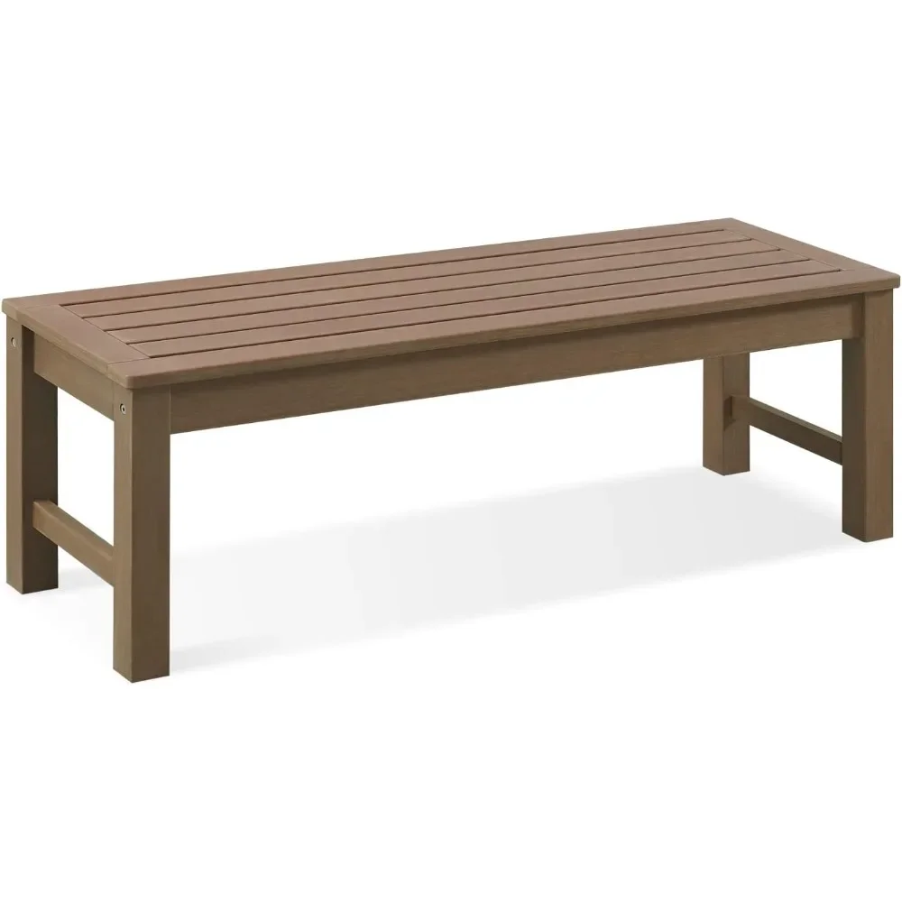 

Two outdoor polyethylene wood terrace backless benches, a weather resistant garden bench that never rots or fades