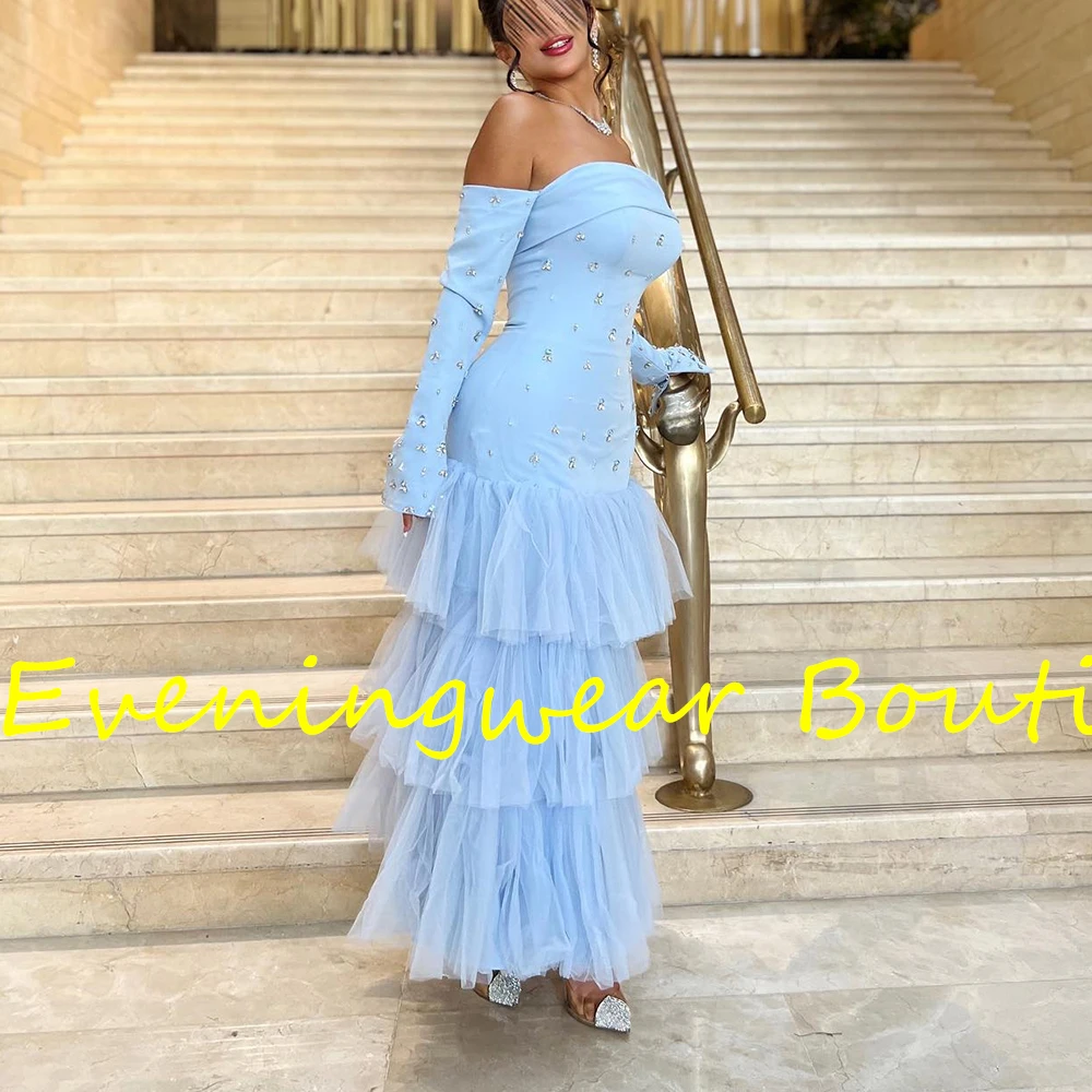 Customized Fashion A-Line Ankle Length Strapless Jersey Long Sleeves Crystal Pleats Evening Dress Classic vestidos para mujer