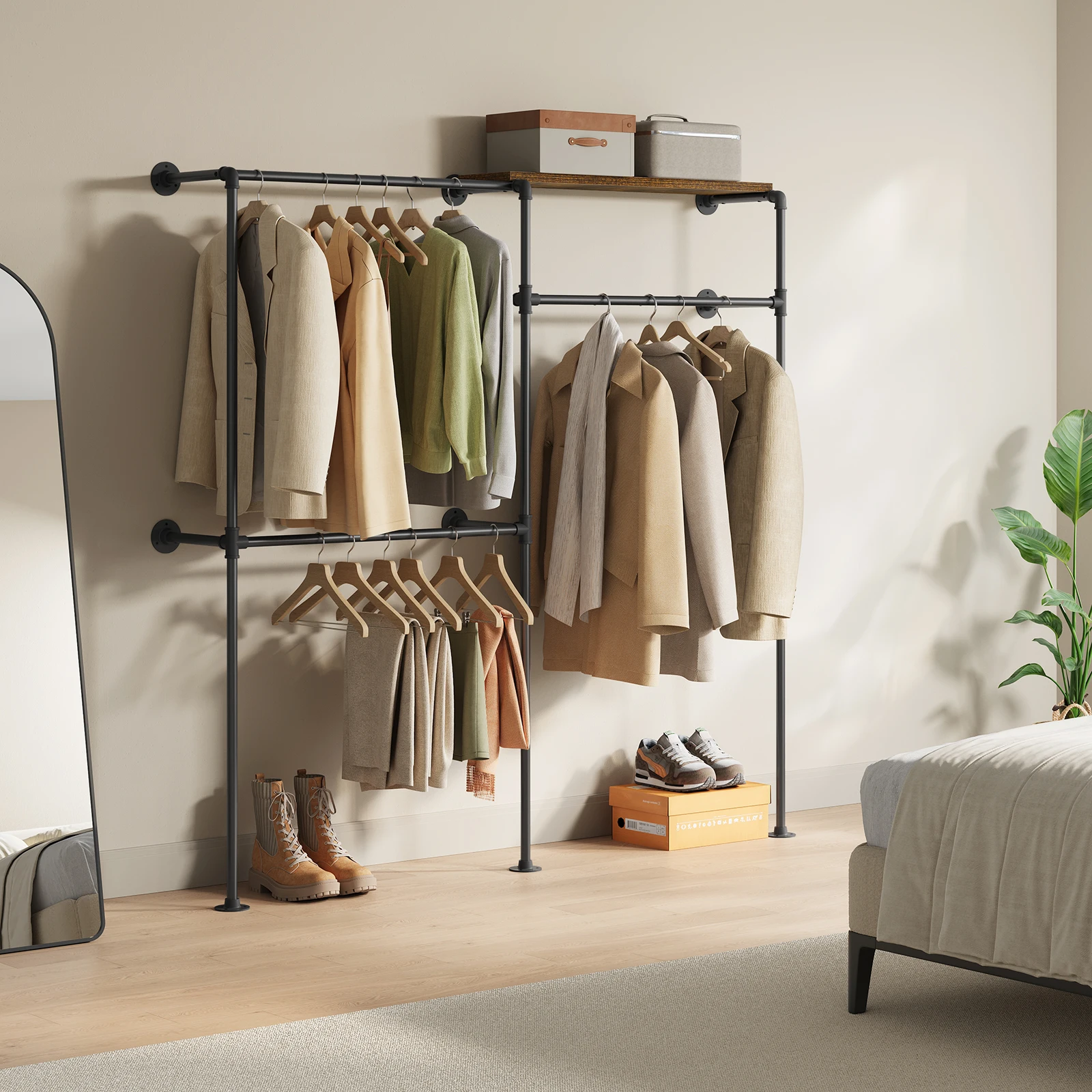 WOLTU DIY-Garderobenständer, Wandmontage, offener Kleiderschrank mit MDF-Regalen, Stahlrohr, Kleiderstange, industrieller Stil für Garderobe, Schlafzimmer