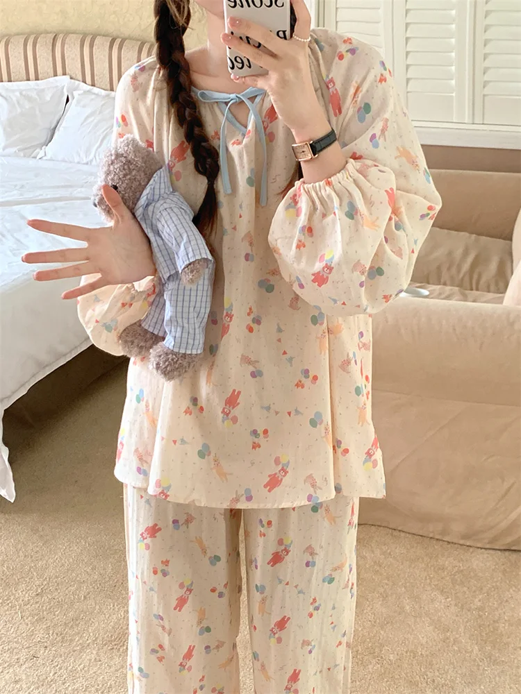 New Cartoon Lace Print Sweet Cute Spring Korean Long Sleeve Pajama Set Women Loose Elegant Sleepwear Bow Tie Comfortable Ins