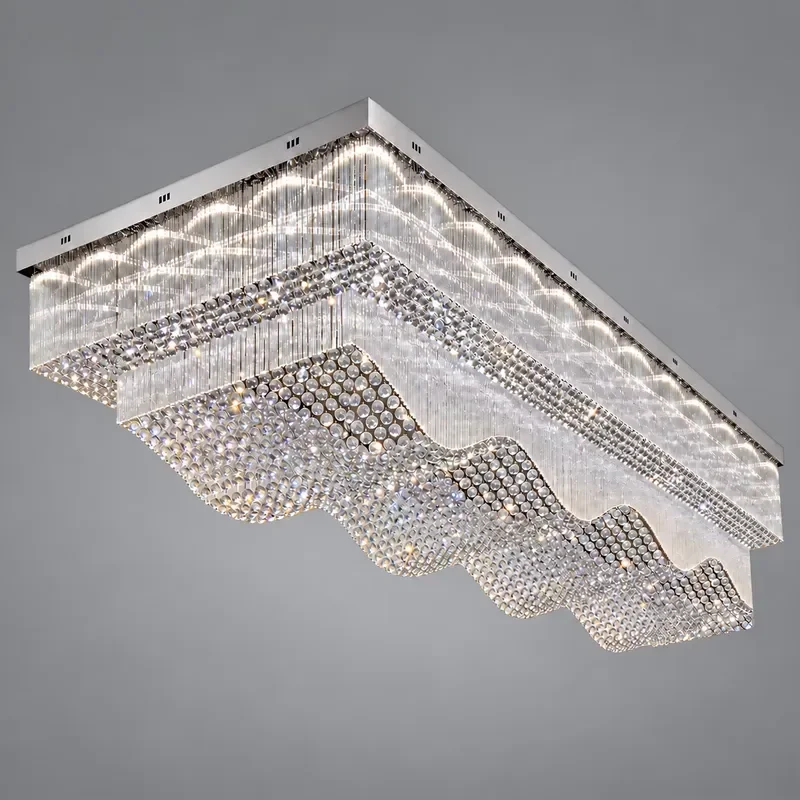 Modern Rectangular Crystal Ceiling Lamp IP65 Metal Base for Hotel Lobby Banquet Hall Meeting Room
