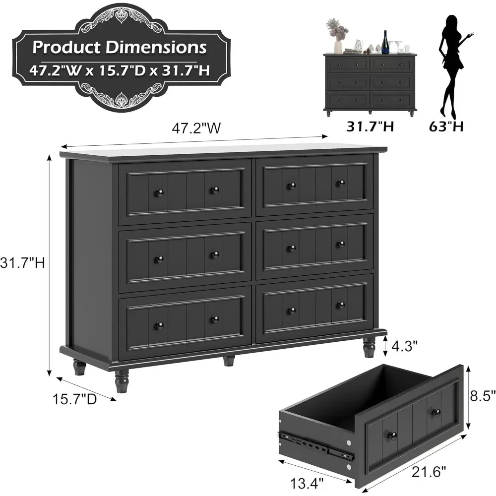 6 Drawer Dresser, Antique Chest of Drawers, Large Cabinet with Storage, Big Dresser for Clothes in Living Room