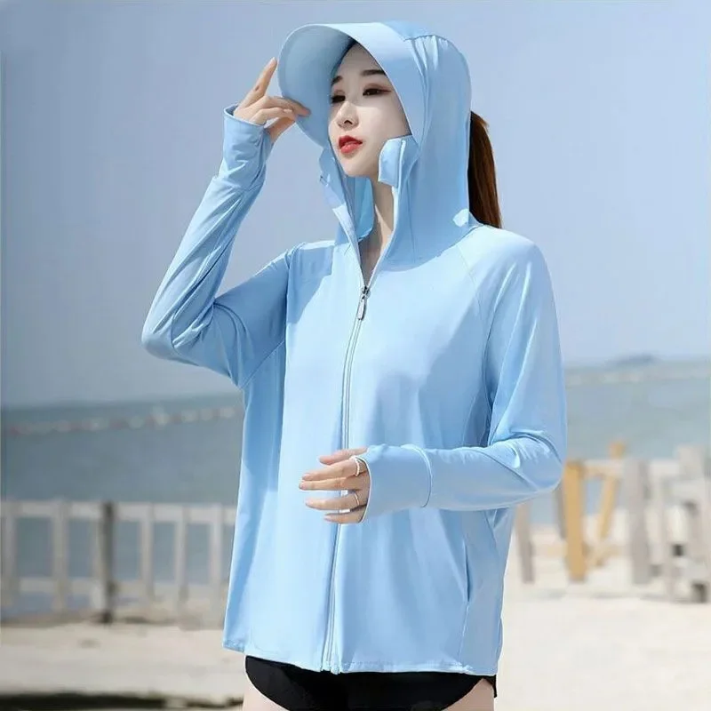 

Sunscreen Jacket Women Lce Silk UV Protection2024Summer New Sun-Protective Clothing Coat Hooded Beach Ride A Bike Clothes Ladies