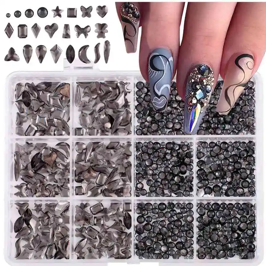 12 グリッドフラットボトムラインストーン爪用混合形状ガラスクリスタルネイルアート高級チャームキット DIY ネイルデコレーションアクセサリー