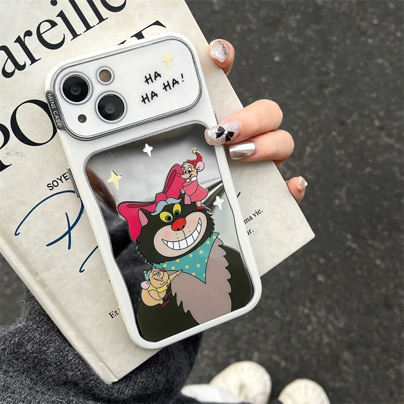 

Cute Lucifer Cat Disney Luxury Make Up Mirror Phone Case For iPhone 13 14 15 16 Pro Max Lovely Cartoon Plating Lens Film Protect