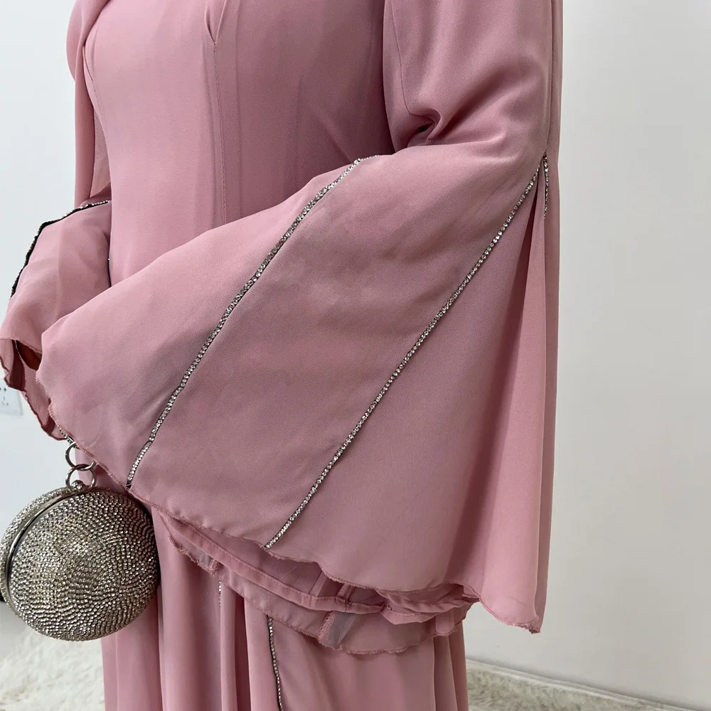 

Fashion Women Diamonds Chiffon Long Dress Muslim Hijab Abaya Set Turkey Kaftan Islam Clothing Caftan Marocain Femme Robe Kebaya