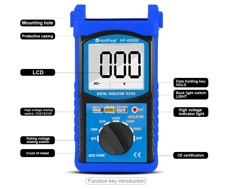 HoldPeak 5000V Digital Insulation Resistance Tester Auto Range Megohmmeter, AC Voltage Testing Portable Tool for Electricians
