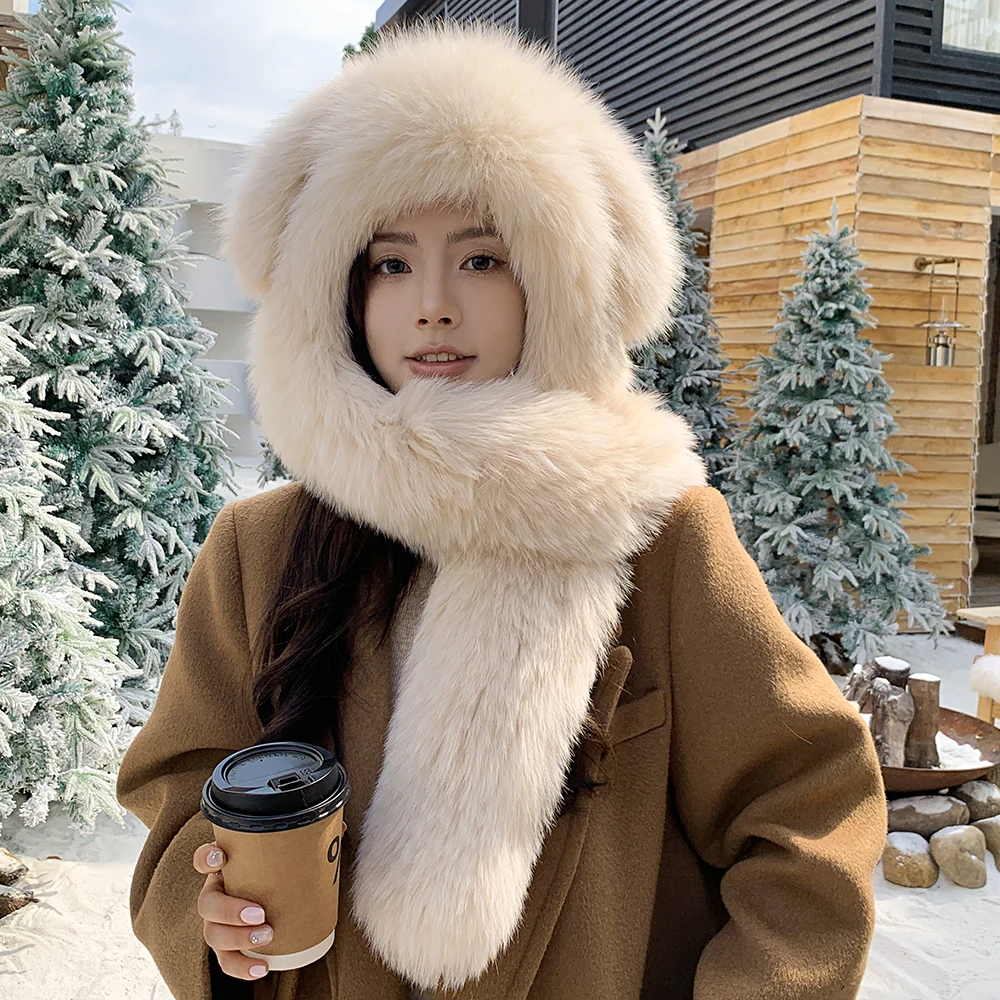 

2025 Autumn Winter Hat Scarf One Piece Thickened Little Bear Ear Lei Feng Hat For Women Ear Protection Hat