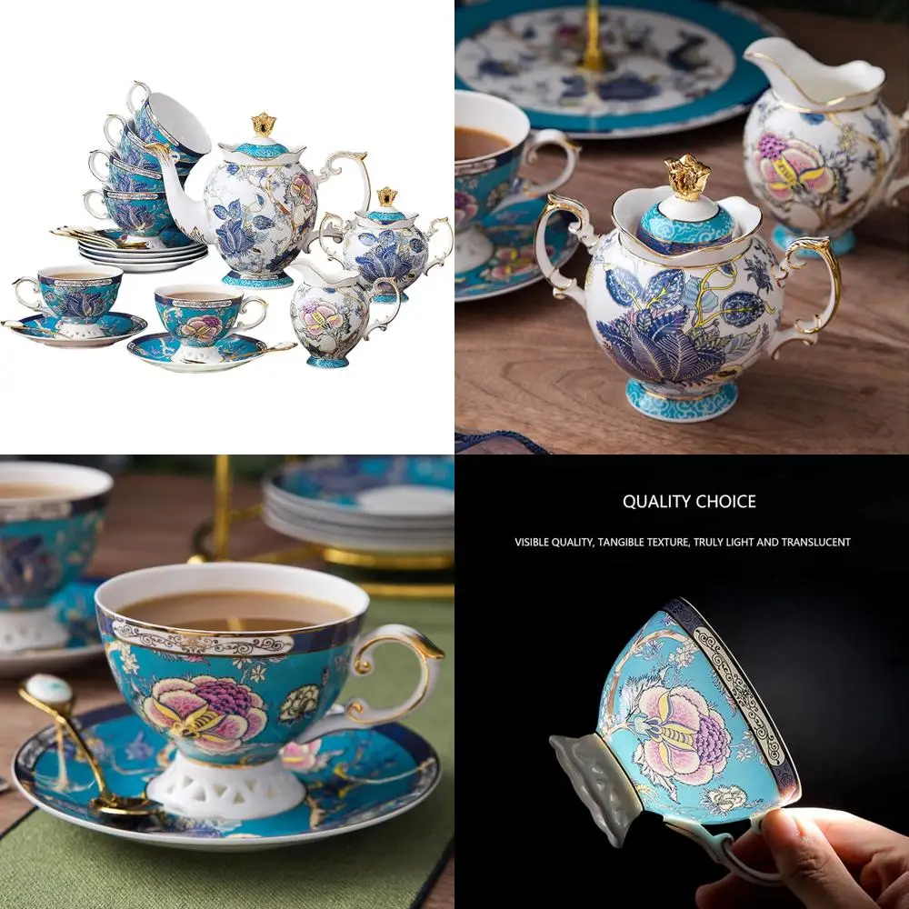 

Adults' Blue 6-Piece Tea Set with Cups, Women's Tea Party Collection, Fine Bone China with 24K Gold Accents, Vintage British Sty