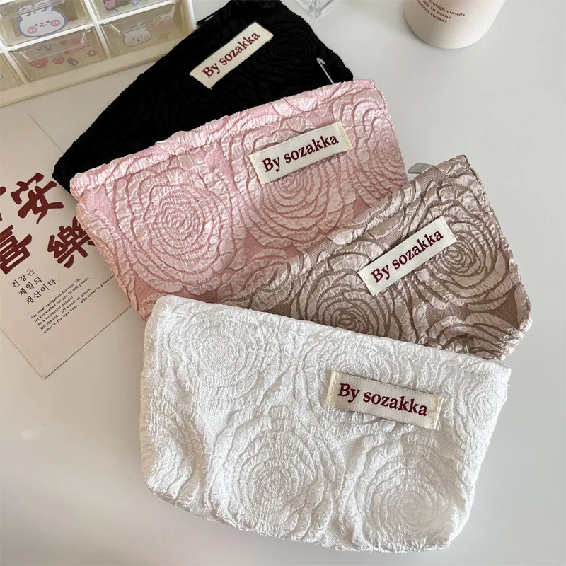 French Embossed Flowers Travel Cosmetic Storage Bag Wallet Cute Women Makeup Kits Handbags Phone Pencil Case Organizer Pouch Bag