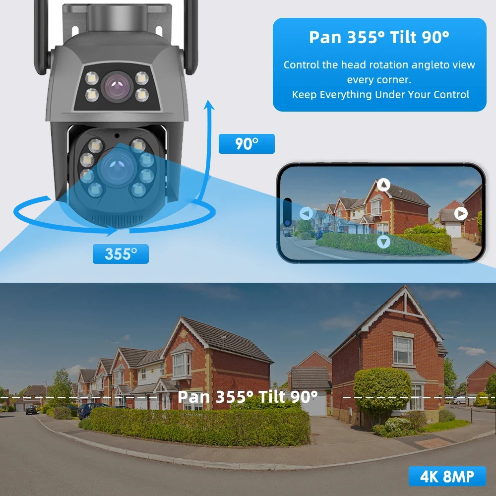 4K 8MP PTZ WIFI Camera Dual Lens Dual Screen 4X Digital Zoom IP Camera Auto Tracking Outdoor Home CCTV Surveillance Camhipro