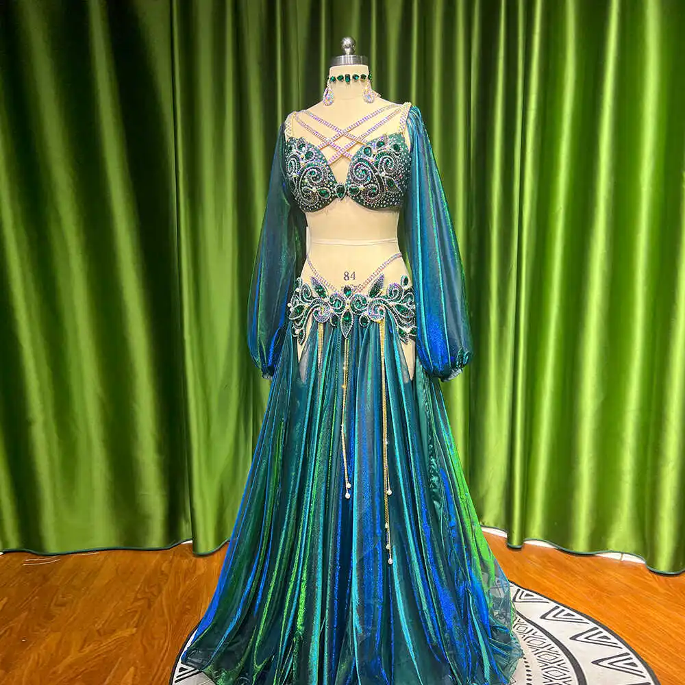 Personalizado estilo avançado gradualmente mudando cor borla flor videira roupas de dança do ventre desempenho traje sutiã cinto saia