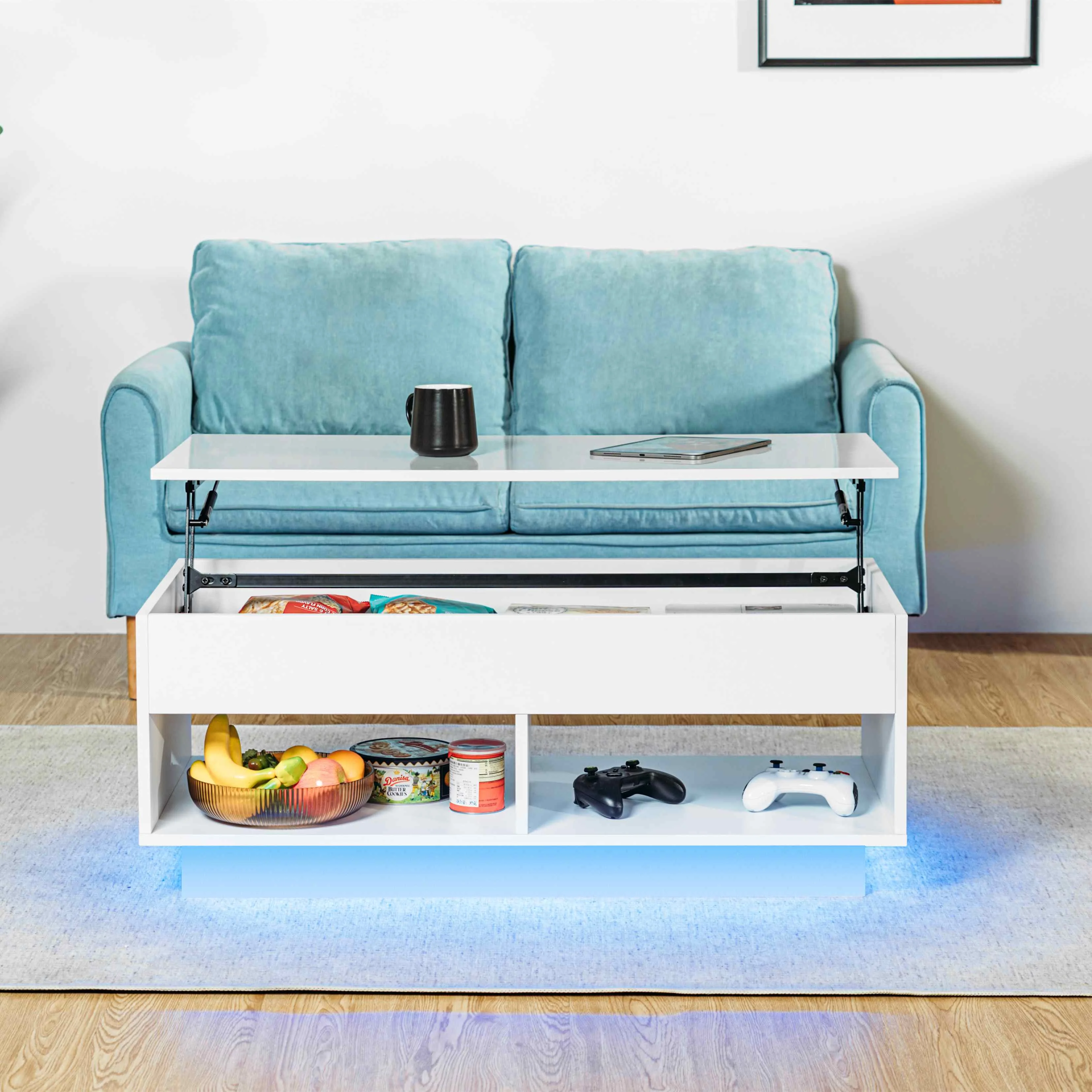 Modern Style Living Room Lift Top Coffee Table with RGB LED Light Hidden Compartment and 2 Open Storage Shelf Height Adjustable