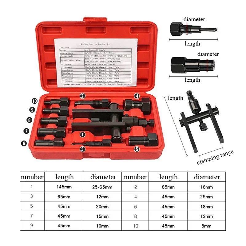 Extractor de cojinetes práctico para motocicleta, herramienta de extracción de cojinetes con caja, Kits de extracción de cojinetes internos, 10 piezas