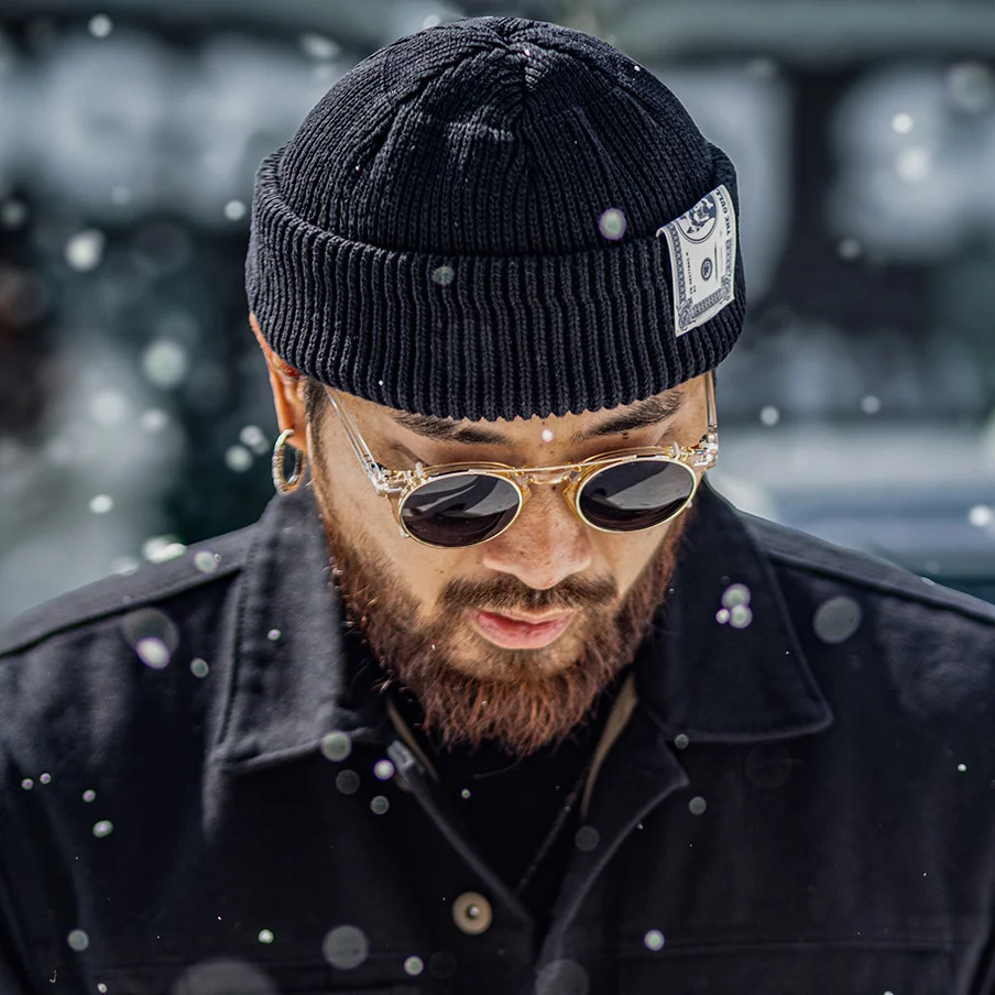Vintage Black Sailor Watch Cap for Men Fall Winter Knitted Classic Skull Beanie Warm Cuff Beanie Hat for Outdoor Cold Weather