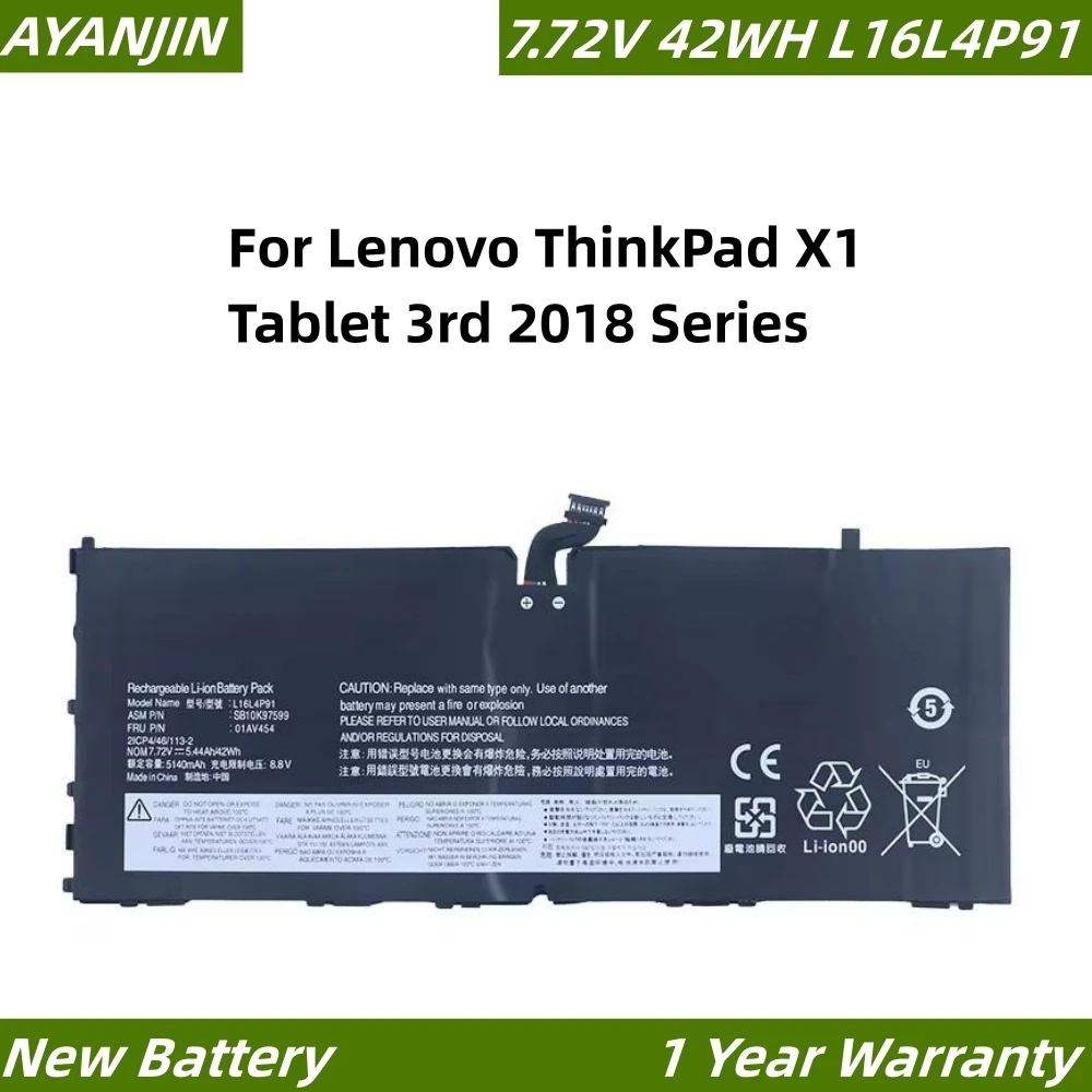 

L16L4P91 7.72V 42WH Laptop Battery for Lenovo ThinkPad X1 Tablet 3rd 2018 Series L16M4P91 L16S4P91 TP00089A SB10T83162