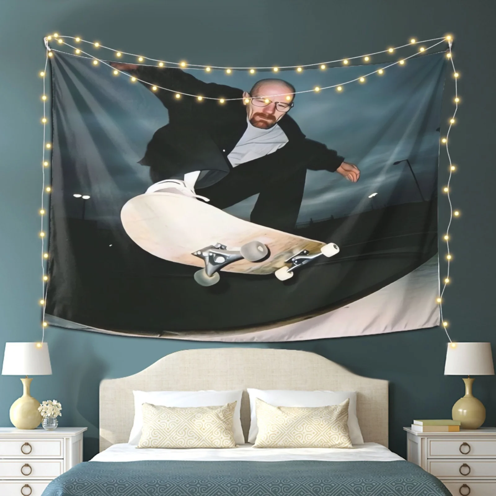 Skateboard Bald Man Meme Wall Tapestry, Cool Street Skate Trick Dark Night Photo Print Fabric Wall Hanging, Funny Meme Tapestry