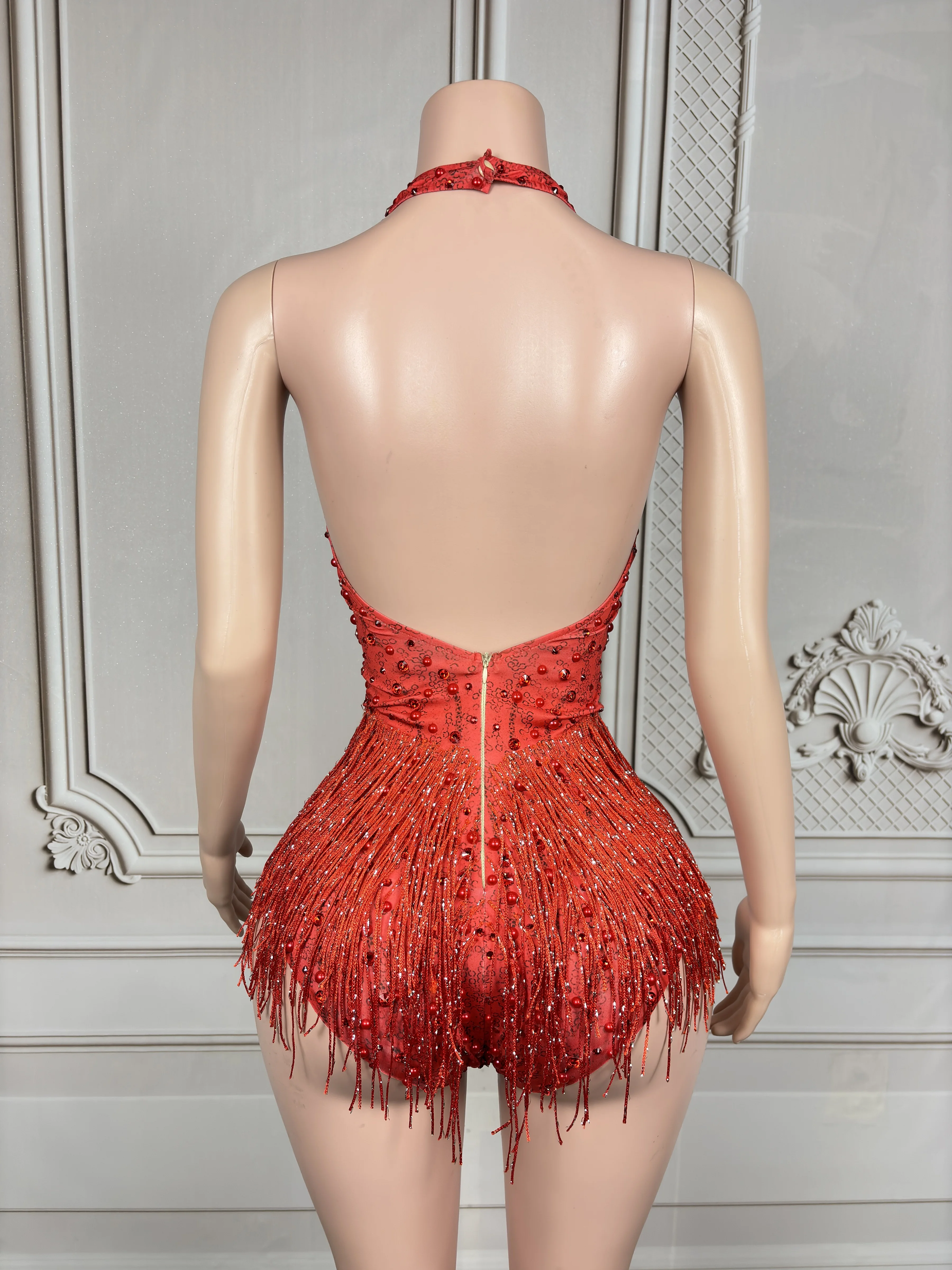 Sparkly Red Rhinestones Pearls Fringes Bodysuit Women Sexy Deep V Neck Dance Costume Dancer Performance Stage Wear Club Outfit