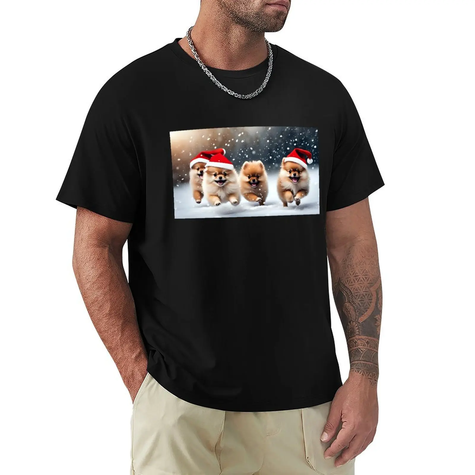 Pomeranian puppies running in the snow T-Shirt Novelty Graphic Tee Shirt