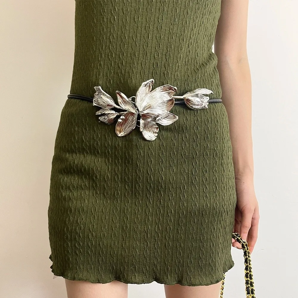 

Long Adjustable Golden Tulip Belt Alloy Vintage Metal Flower Waist Chain Waistband PU Exaggerated Belt Ornament