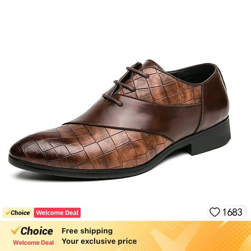 brown Crocodile Pattern dress men's shoes embossed Genuine leather shoes dragon head pointed party Trend wedding shoes