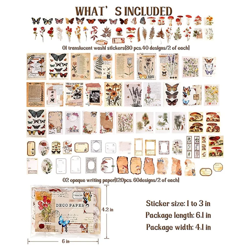 200 Pieces Vintage Scrapbook Supplies Pack For Junk Journal Planners DIY Paper Stickers Vintage Ephemera Pack Decoupage