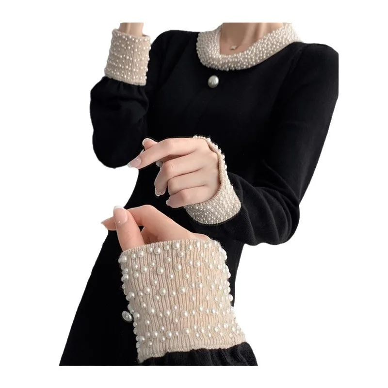 فستان أسود طويل متماسك كوري ياباني جديد لعام 2025 للنساء لربيع وخريف مصنوع بحرفية ثقيلة فساتين سوداء صغيرة غير رسمية فرنسية #5