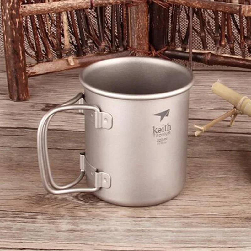 Keith Titanium Cups Water Mug Folding Handle Camping Drinkware With Lid Portable Outdoor Travel Hiking Teacup 220ml Ti3200