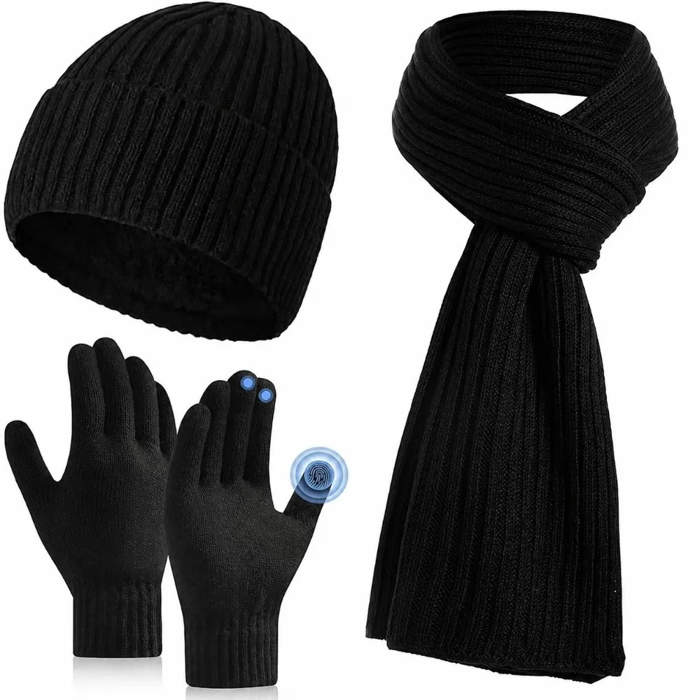 3Pcs/Set Warm Winter Hat Scarf Gloves Set Lining Thicken Scarf Neck Warmer Suit Non Slip Soft Knit Beanie Snood Set for Men