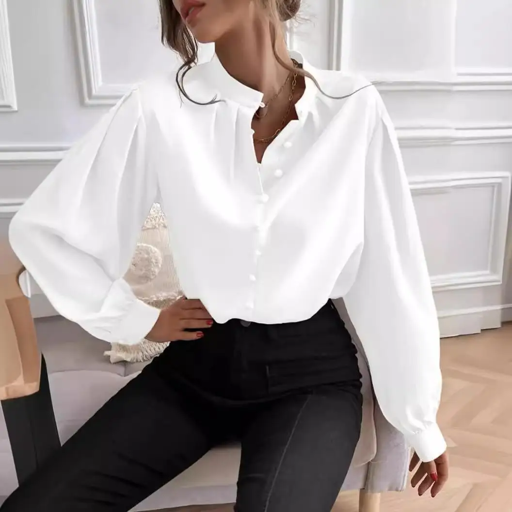 

Ele Sle Women's Long Sve irt f Open Collar Polyester Lantern Sve Regular Thin Autumn Pure Color Splice