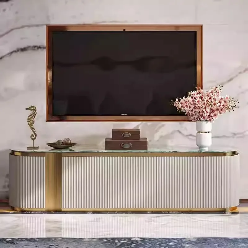 

Modern luxury marble top stainless steel frame gold TV stand and coffee table set with living room furniture storage cabinets