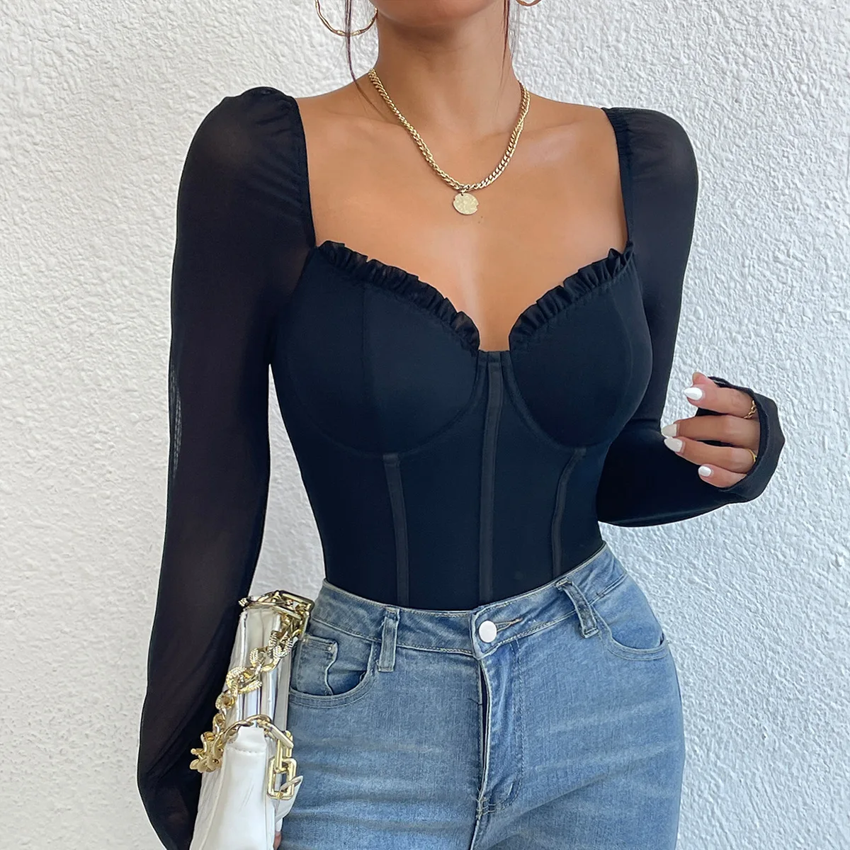 Sexy Female Orange Slim Bodysuit Bustier 2024 Casual Elegant y2k Long Sleeve Women\'s Clothes Fashion Solid Color Body Jumpsuit