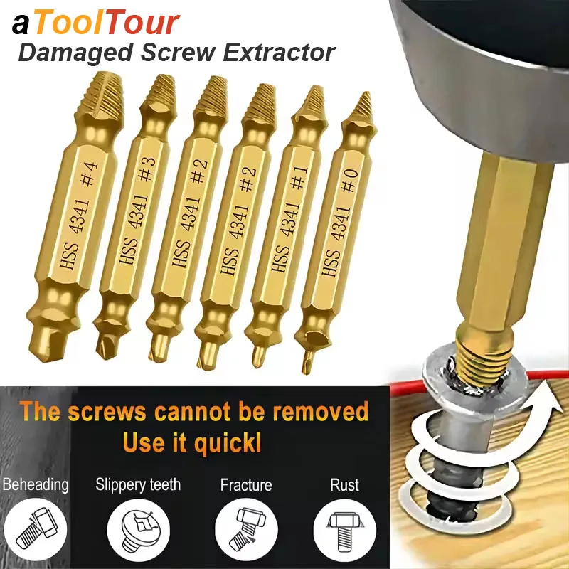 Damaged Screw Extractor Broken Bolt Stripped Set Double Head Tool Easy Out Removal Disassemble Stud Slip Teeth Demolish Remover