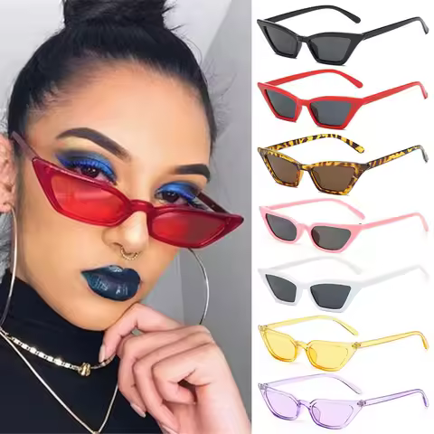 1PC Women Vintage Narrow Box Sunglasses Fashion Cat Eye Oval Small Frame Sun Glasses UV400 Street Summer Decoration Eyewear