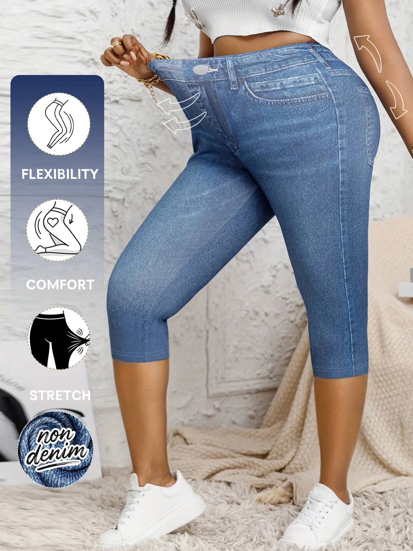 Plus Size High-Waisted Stretchy Capri Pants Non-Denim Imitation Denim Print Casual Cropped Trousers for Women