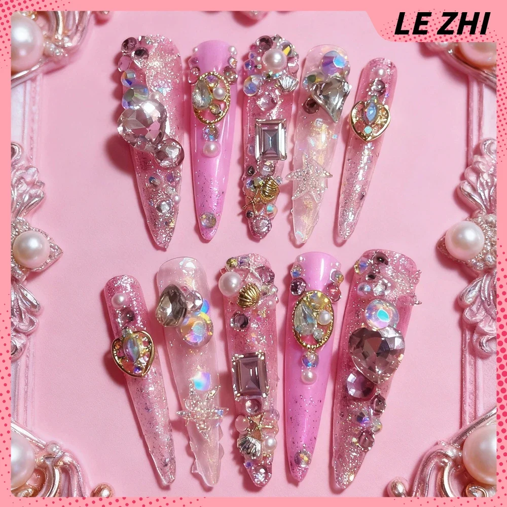 Europe America Xxl Super Long Square Stiletto Handmade Press On Nails 3D Flower Bowknot Rhinestone Pearl Snowflake Fake Nails