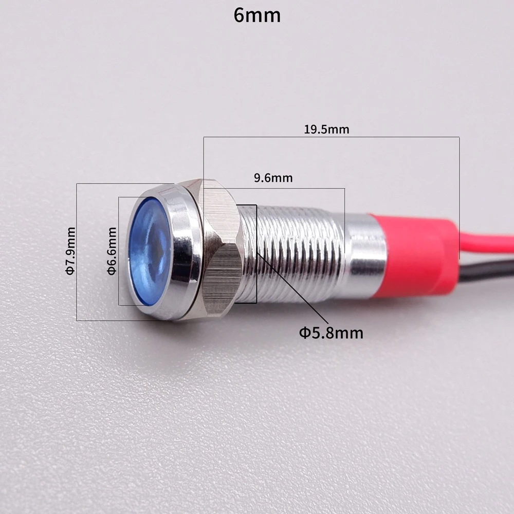 6mm Metal Power Indicator LED Signal Light Mini Indicator Light 3v 6v 12v 24v 110v 220v Red Orange Green Blue White