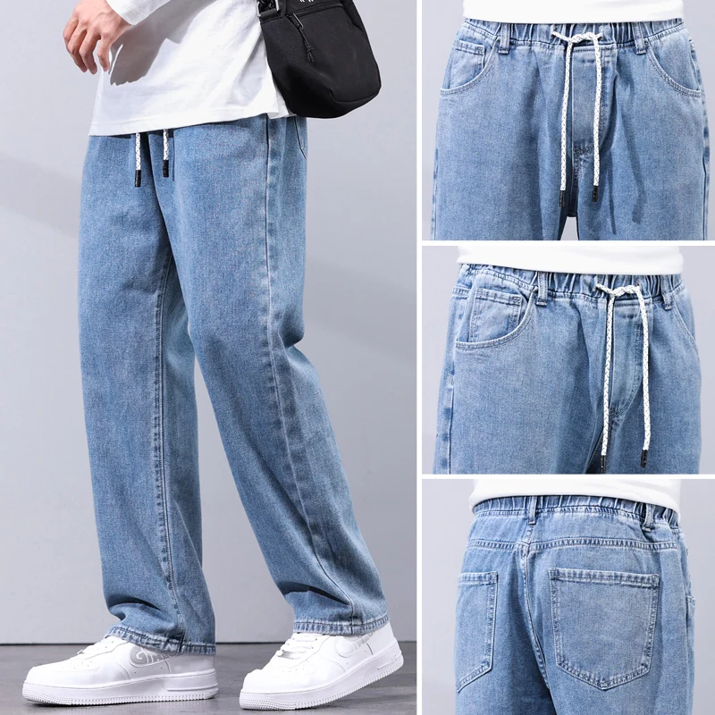 

KSTUN Loose Fit Jeans Men Baggy Pants Light Blue Wide Leg Elastic Waist Casual Denim Pants Male Long Trousres Men's Clothing