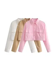 Women Fashion With Pockets Loose Cropped Poplin Shirts Vintage Long Sleeve Button-up Female Blouses Blusas Chic Tops