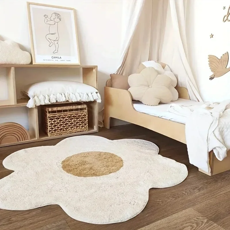 VIKAMA Yellow Daisy Flower Shaped Rug Spiral Center Floral Print Soft Fluffy Non Slip Washable Bedroom Chair Decor Floor Mat